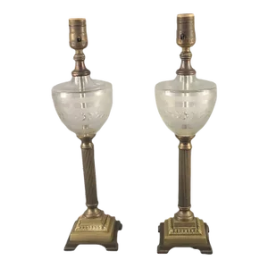 Vintage Pair of Paul Hanson Co. Ny Cut Glass & Brass Metal Banquet Table Lamps Marked