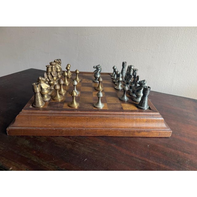 Mid-Century Medieval-Style Cast Metal Chess Set With Hardwood Board and Hand-Carved Storage Box For Sale - Image 10 of 14