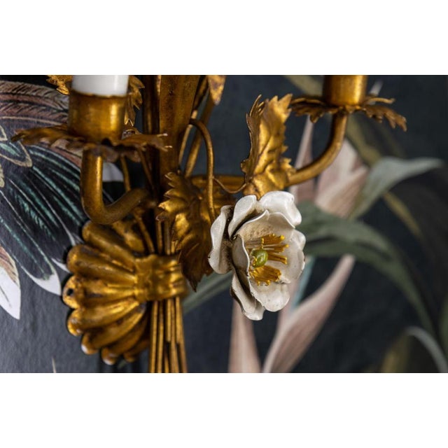 Gold Large Hollywood Regency Gilt Metal Wheat and White Flower Sconces, 1970s, Set of 2 For Sale - Image 8 of 18