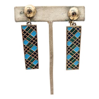 Vintage 1960s Signed Boucher Green & Blue Enamel Pendant Clip Earrings-2 Pieces For Sale
