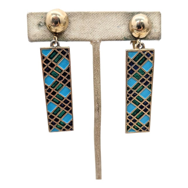 Vintage 1960s Signed Boucher Green & Blue Enamel Pendant Clip Earrings-2 Pieces For Sale