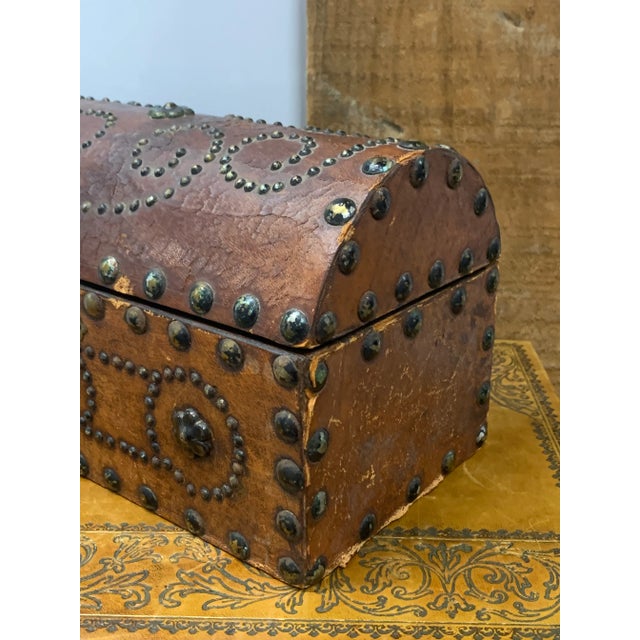 Spanish Mid 20th Century Vintage Spanish Leather Chest With Dome-Top & Brass Fittings For Sale - Image 3 of 6