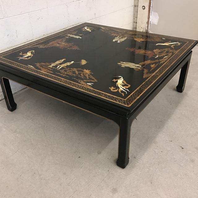Vintage Asian Style Black Hand-Painted Coffee Table | Chairish