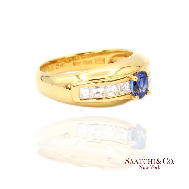 18k Gold Blue Sapphire and Diamond Ring Metal Type: 18k Yellow Gold Total Item Weight: 4.73 Grams Ring Size: 6.5...
