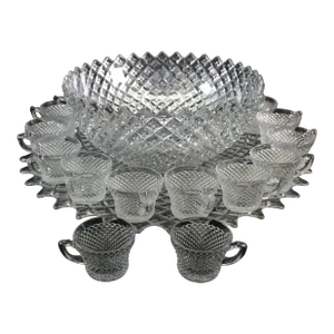 Large 1930s Depression Glass Punch Bowl Set With Platter, Miss America Pattern- 20 Pieces