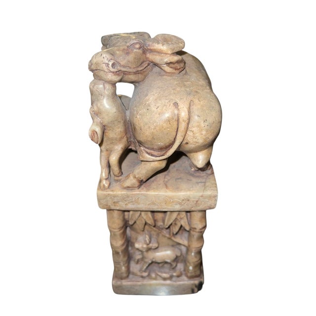 Early 20th Century Pair of Chinese Hand Carved Soapstone Water Buffalo Bookends For Sale - Image 4 of 5