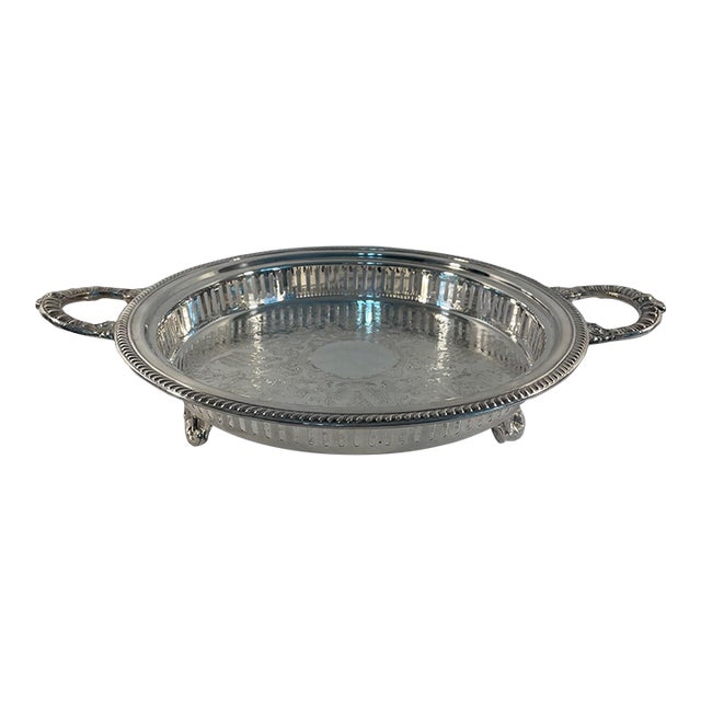 Mid 20th Century Round Silverplated Footed Gallery Serving Tray For Sale