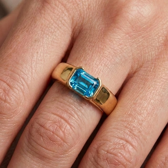Contemporary Swiss Blue Topaz Wedding Ring | Dainty Stackable Gemstone Ring | December Birthstone Ring Us 7 For Sale - Image 3 of 4