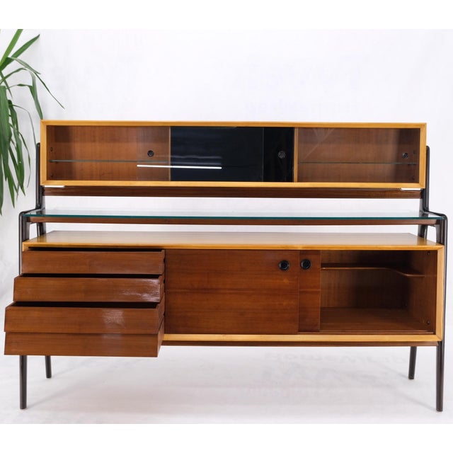 Brown Mid-Century Modern Bi Level Long Credenza Server Dresser Cabinet Ebonized Legs For Sale - Image 8 of 18