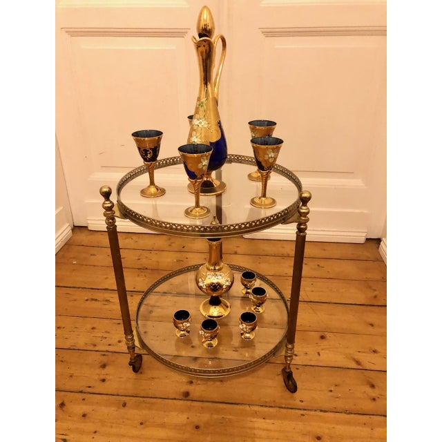 Antique Style Round Brass Bar Cart with Smoked Glass Tops, 1950s For Sale - Image 12 of 15