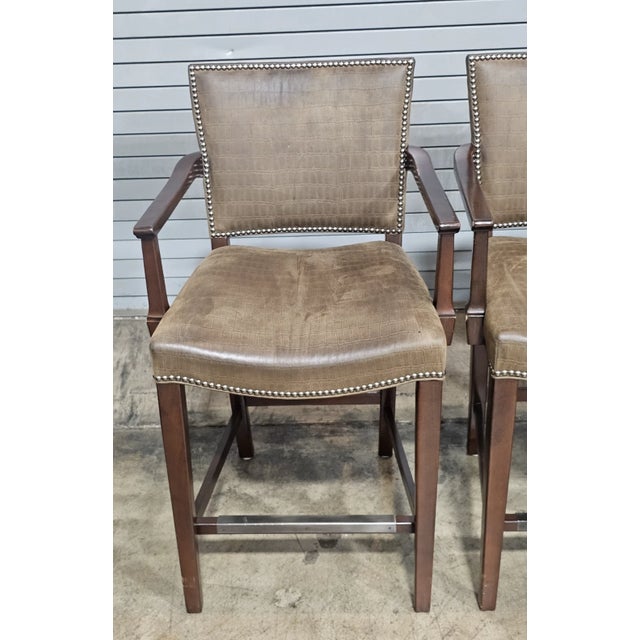 Hickory Chair Furniture Company Late 20th Century Set of Four Hickory Chair Mahogany Alligator Pattern Leather Counter Stools For Sale - Image 4 of 11