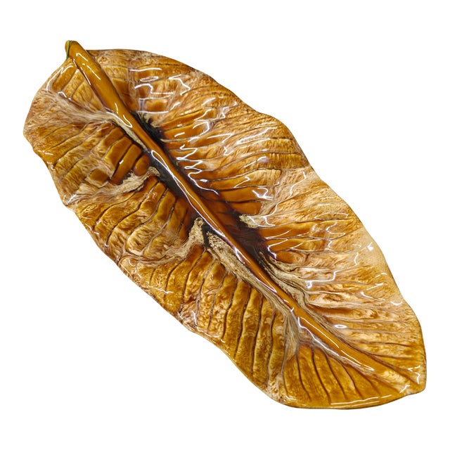 Maurice of California 1950s Gold Leaf Tray Mid Century Modern Ceramic Banana Leaf Platter 20” For Sale