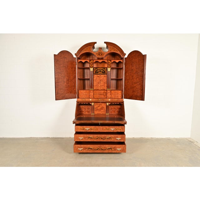 1980s Baker Furniture Style Georgian Burl Wood Inlaid and Hand Painted Drop Front Secretary Desk With Bookcase Hutch Top For Sale - Image 5 of 15
