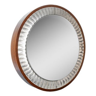 Large Mid-Century Modern Round Wall Mirror in Wood and Crystals, 1960s For Sale