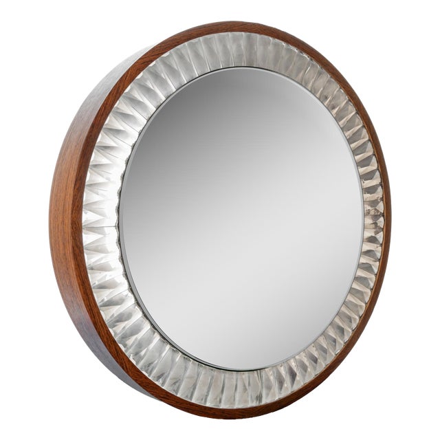 Large Mid-Century Modern Round Wall Mirror in Wood and Crystals, 1960s For Sale