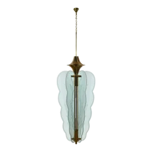 Late 20th Century Art Deco Revival Monumental Brass & Etched Glass Hanging Light Fixture Chandelier