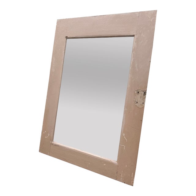 Antique Raised-Panel Farmhouse Mirror — Chippy Greige Paint, Beveled Glass, Heavy Solid Wood For Sale