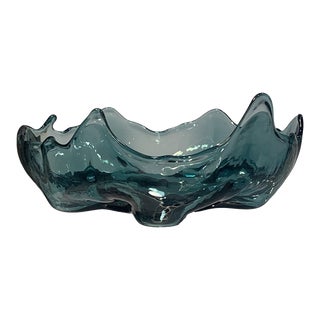 Mid Century Blown and Hot Worked Glass Bowl in Smoke Blue Scandinavian For Sale