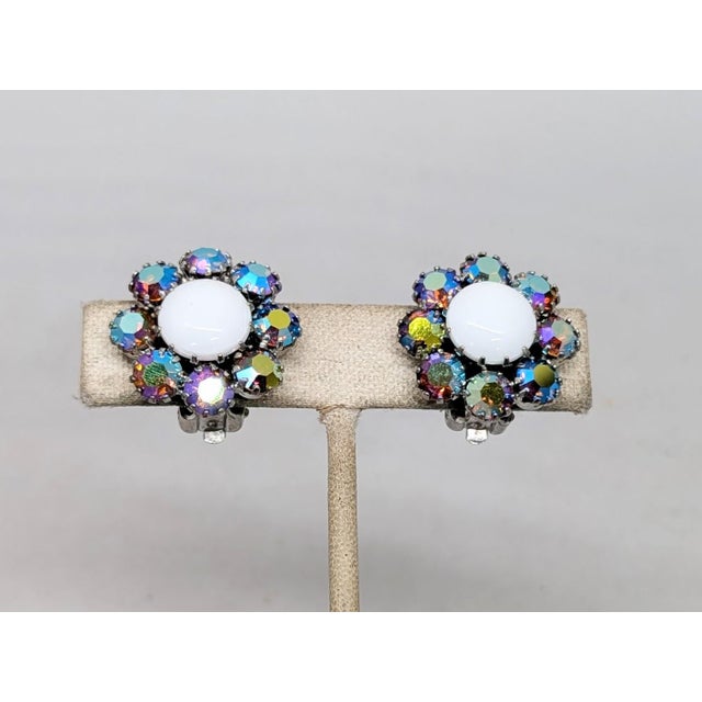 Vintage Signed Weiss White Cabochon & Aurora Borealis Clip Earrings-2 Pieces For Sale In Philadelphia - Image 6 of 7
