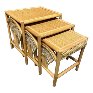 Coastal Style/ Bohemian Wheat Sheaf Rattan Nesting Tables. Circa 1980s