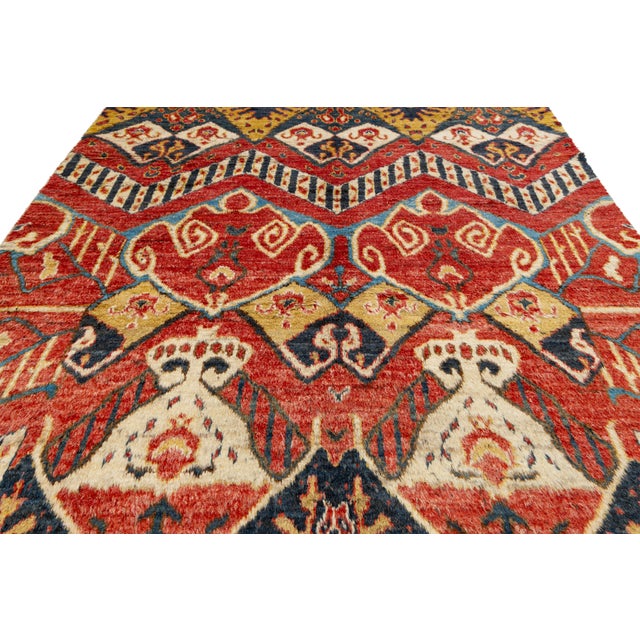 Moroccan Style Hand-Knotted Wool Area Rug With Graphic Tribal in Terracotta Red For Sale In New York - Image 6 of 12