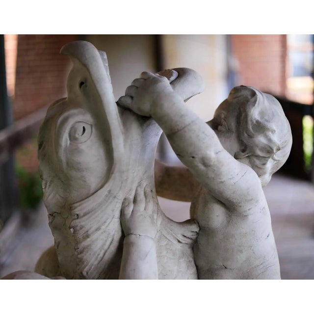 Antique Italian Carved Marble Fountain Depicting Putti Wrestling a Dolphin For Sale - Image 4 of 13