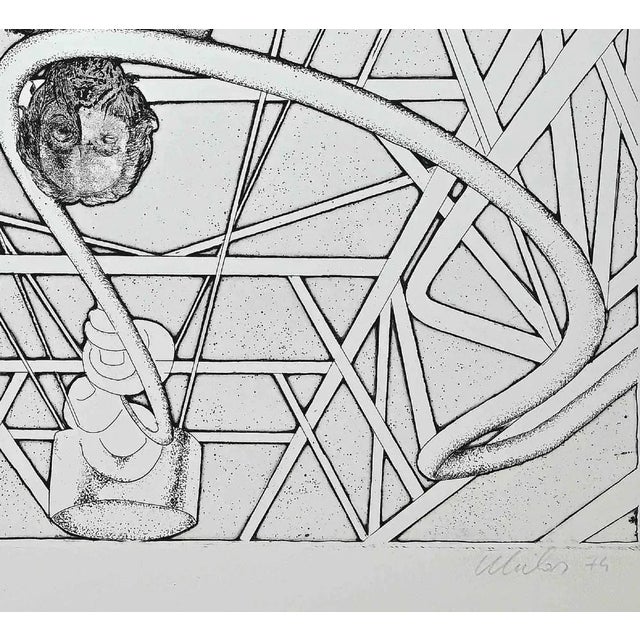 Man gets wet in the pond of Ottana is an original artwork realized in 1974 by Franco Mulas. Black and white etching Hand...