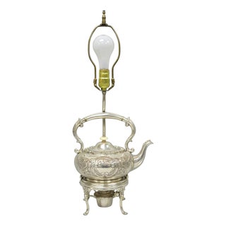 Antique Victorian Cheltenham Converted Silver Plated Tea Kettle Table Lamp For Sale