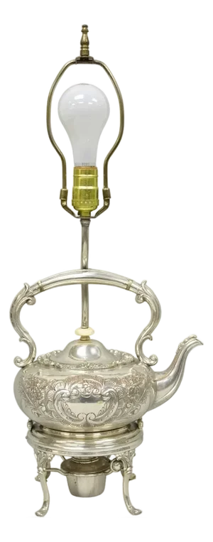 Antique Victorian Cheltenham Converted Silver Plated Tea Kettle Table Lamp