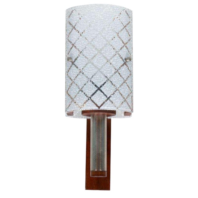 Vintage Bohemian Wall Lamp in Milk Glass and Teak Wood For Sale