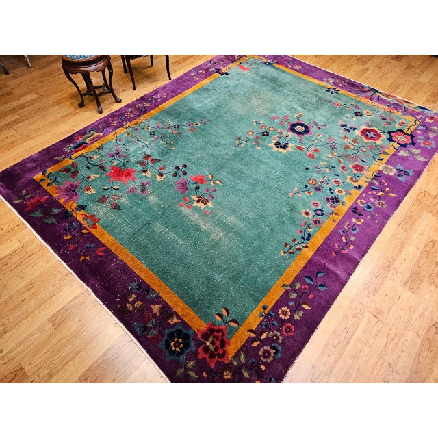 Vintage Art Deco Chinese Rug, Hand-Knotted Wool, Floral Motif, Turquoise & Purple, 9x12 For Sale - Image 11 of 18