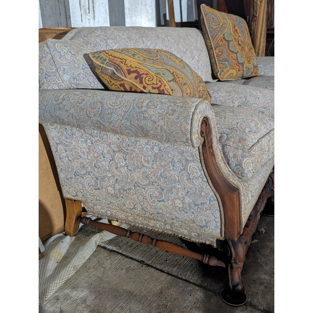 Vintage Victorian Revival Carved Wood Sofa With Paisley Upholstery For Sale - Image 9 of 16