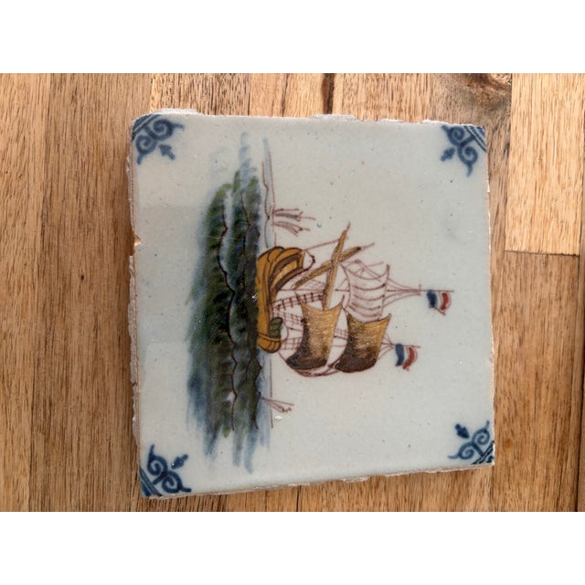 Rescued Vintage 1974 Set of Eight (8) Hand Painted Dutch Delft Polychrome Tiles Sailing Ships For Sale In Providence - Image 6 of 9