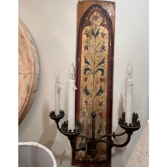 Late 19th Century Pair of Dramatic and Unusual Belle Epoque Painted Panel Wall Sconces. Unique Panel Details Add Rustic Elegance and Charm. . Rustic Elegance and Charm. For Sale - Image 5 of 10