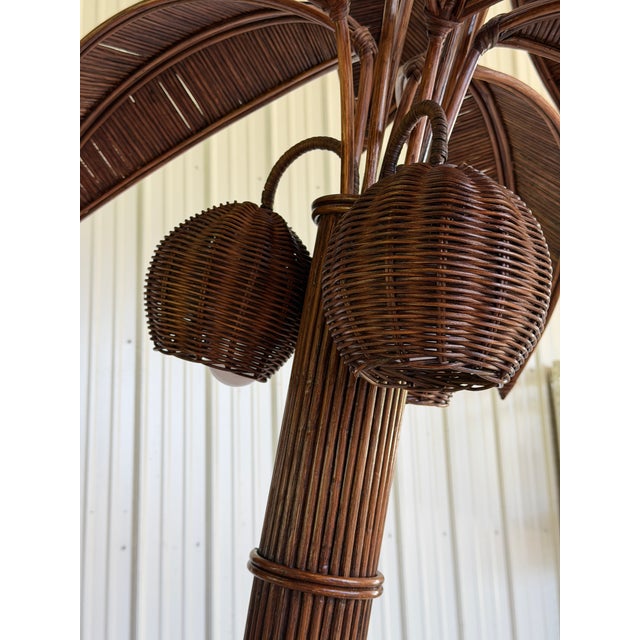 1980s Monumental Vintage Rattan Palm Tree Floor Lamp With Three Coconut Lights For Sale - Image 5 of 12