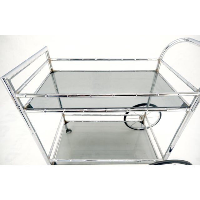 Italian Chrome Faux Bamboo Smoked Glass Two Tiers Serving Cart Bar Table MINT For Sale - Image 6 of 11