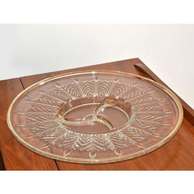 1950s 1950s Art Deco Jeanette Depression Glass Crystal Relish Dish Serving Platter 22k Gold Trim For Sale - Image 5 of 12