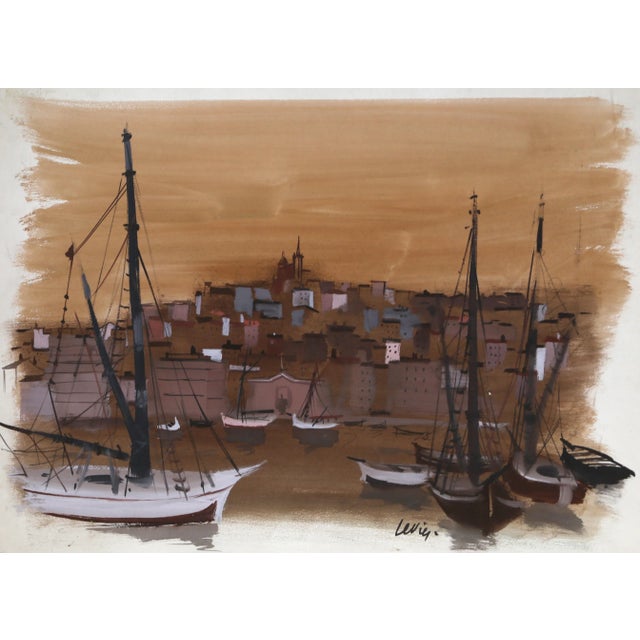 1960s Charles Levier Marseilles Harbor, Watercolor Painting by Charles Levier circa 1960 For Sale - Image 5 of 5