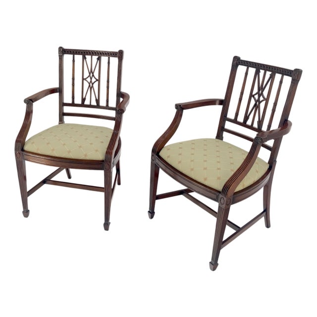 Pair of Very Fine Carved Mahogany Open Arm Faux Bamboo Arrows Armchairs MINT For Sale