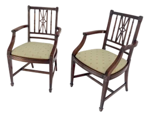 Pair of Very Fine Carved Mahogany Open Arm Faux Bamboo Arrows Armchairs MINT