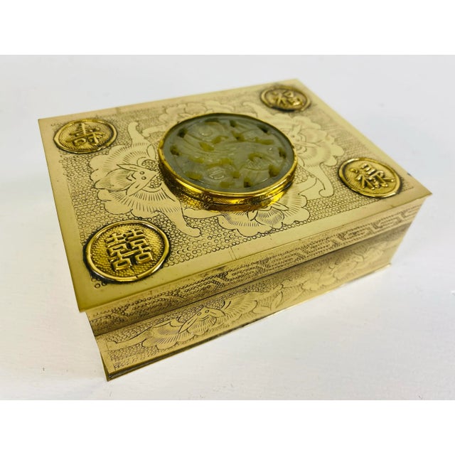 1970s Vintage Solid Brass and Jade Chinese Trinket Box For Sale - Image 5 of 9
