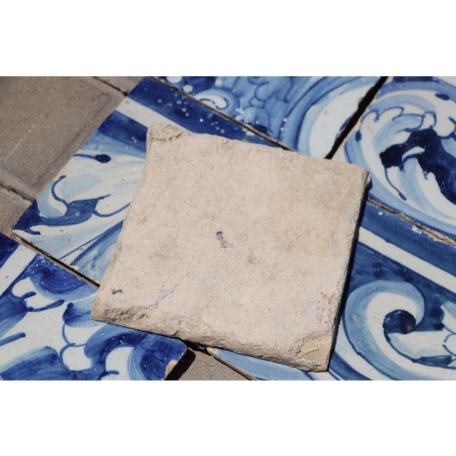 Ceramic Antique 18th Century Portuguese Blue & White Baroque Tiles With Flowing Acanthus Scrollwork, Set of 6 For Sale - Image 7 of 7