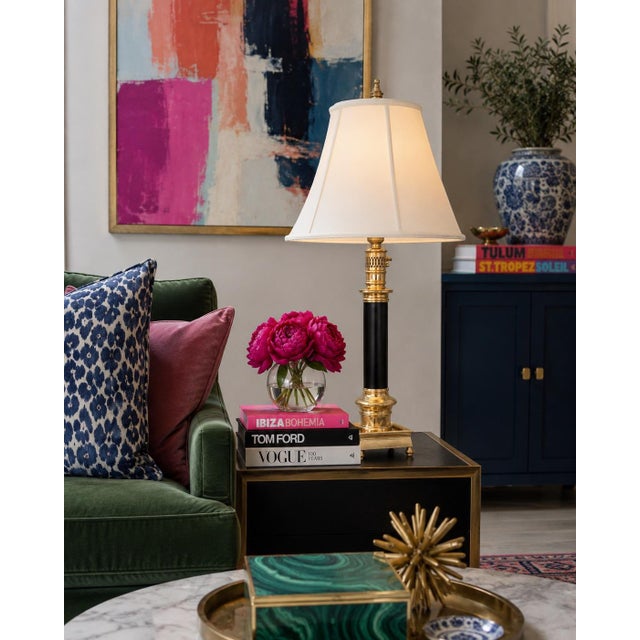 Vintage Brass & Black Column Table Lamp With Square Base & New Ivory Shade For Sale In Chicago - Image 6 of 7