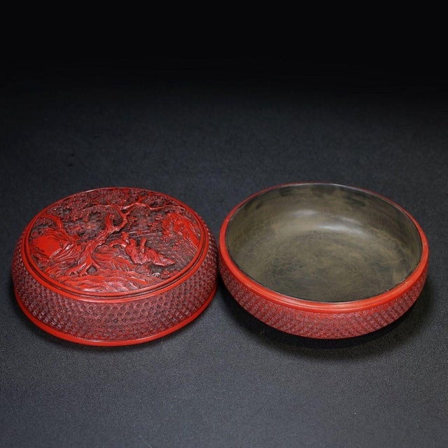 Late 20th Century Late 20th Century Carved Cinnabar Lacquer Box With Landscape and Scholar Scene For Sale - Image 5 of 9