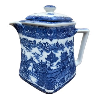 1980s Blue Willow Teapot Ringtons LTD Tea Merchants Blue White Collectible For Sale