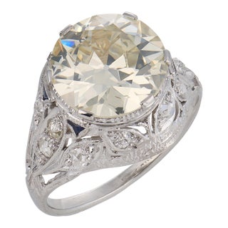 Art Deco Gia 4.41 Carat Diamond Sapphire Platinum Engagement Ring, Size 7.25 For Sale