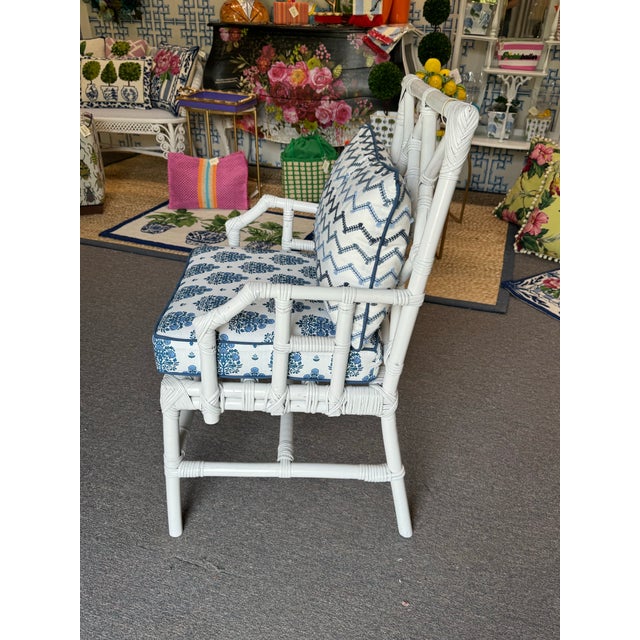Late 20th Century Painted Bamboo Chair With Nautical Cushion and Lumbar Pillow For Sale - Image 9 of 11