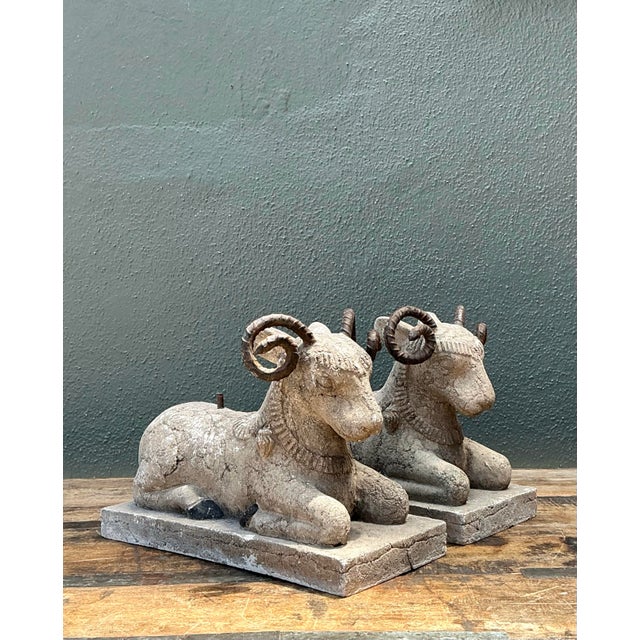Metal Vintage Plaster and Metal Ram Sculptures - Pair For Sale - Image 7 of 12