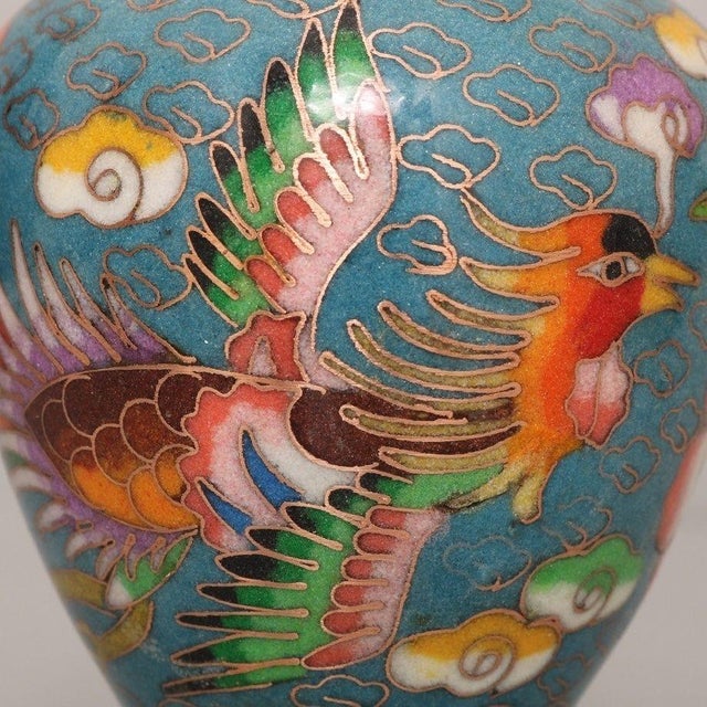 Mid 20th Century Pair of Vintage Cloisonne Enamel Vases – 6.1" Turquoise Ground Dragon & Phoenix Vases For Sale - Image 5 of 9