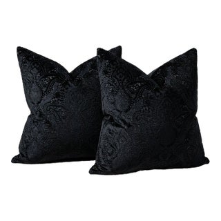 Navy Tonal Cut Velvet Paisley Damask Pillows – Luxury Designer Style For Sale